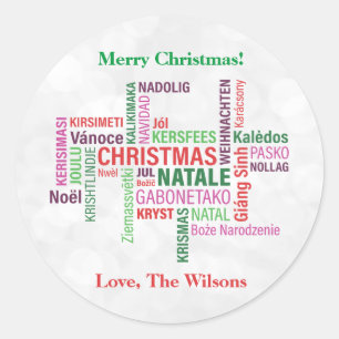 Christmas Different Languages Word Cloud Custom Classic Round Sticker
