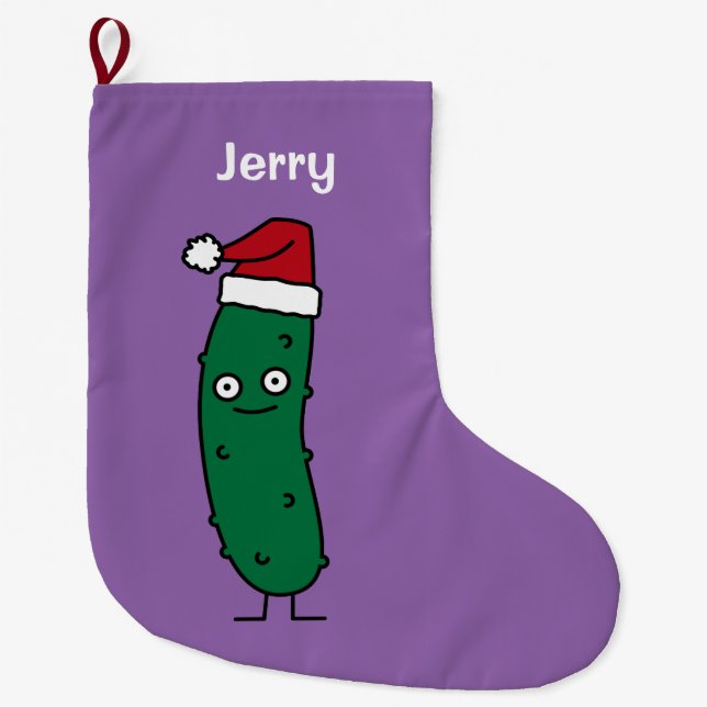 Christmas Dill Pickle wearing a Santa Hat Large Christmas Stocking (Front)