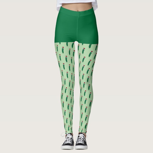 Christmas Dill Pickle wearing a Santa Hat Leggings (Front)