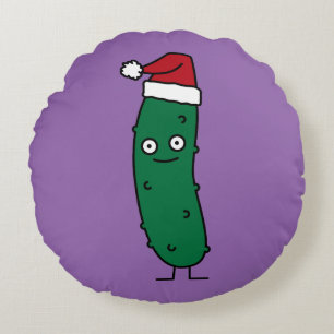 Christmas Dill Pickle wearing a Santa Hat Round Cushion