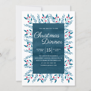 Christmas Dinner Blue Watercolor Floral Invitation