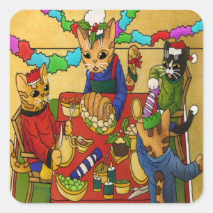 Christmas Dinner Cats Square Sticker
