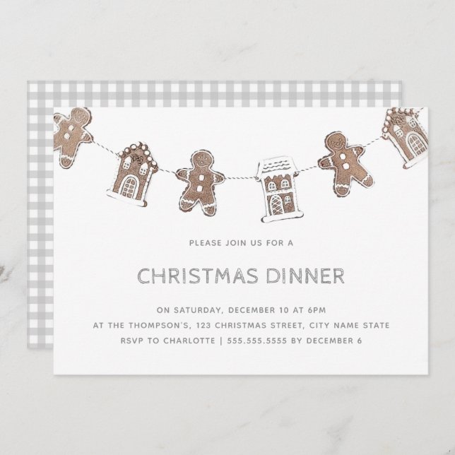 Christmas Dinner Gingerbread Grey Gingham Invitation (Front/Back)