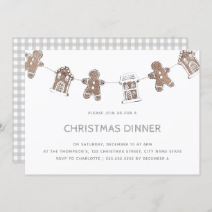 Christmas Dinner Gingerbread Grey Gingham Invitation