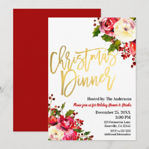 CHRISTMAS DINNER Gold Modern Script Floral Berries Invitation