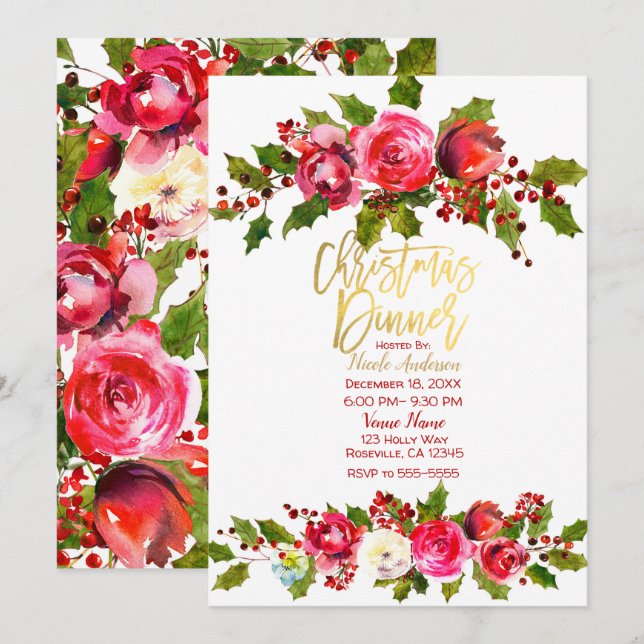 Christmas Dinner Holiday Party Holly Berry Floral Invitation (Front/Back)
