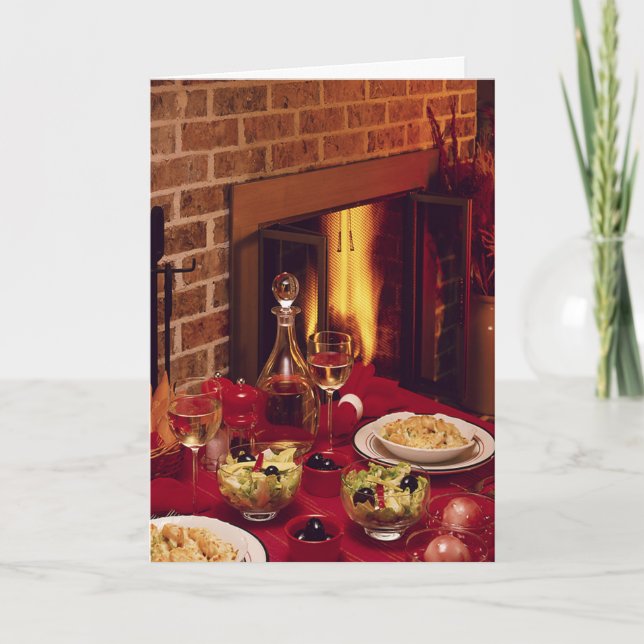 Christmas Dinner Holiday Table Cozy Fireplace Card (Front)