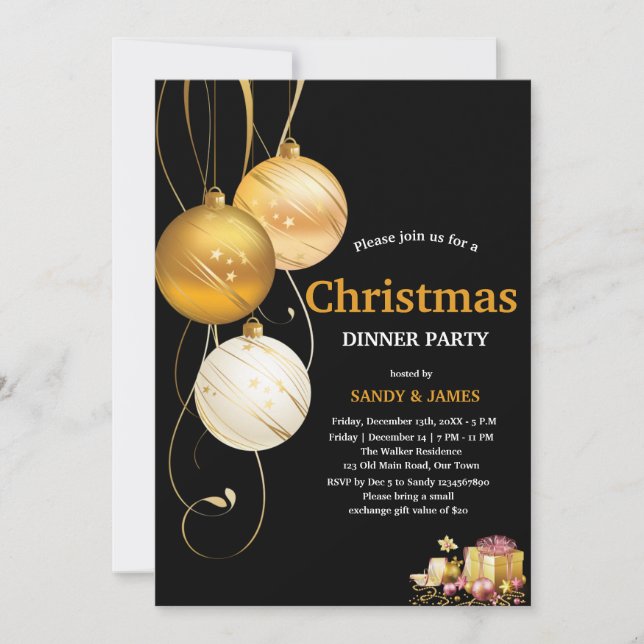 christmas dinner party black and gold baubles  invitation (Front)