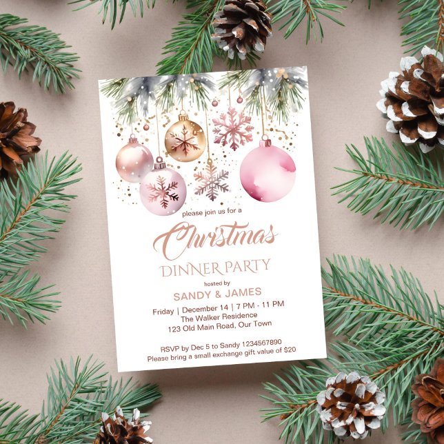 Christmas dinner party boho metallic watercolor invitation (Boho Christmas party template invitation instant download metallic rose gold baubles snowflakes pine)