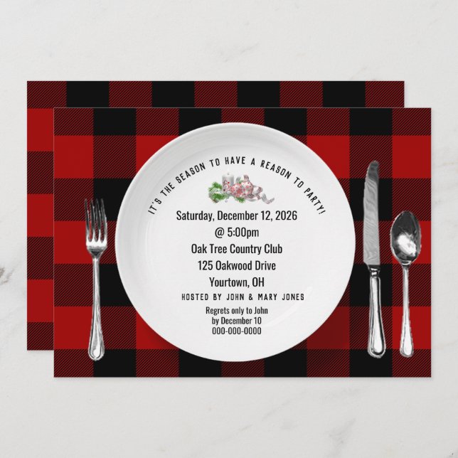 Christmas Dinner Party Buffalo Plaid Invitation (Front/Back)