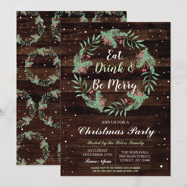 Christmas Dinner Party Day Holidays Wood Xmas Invitation (Front/Back)