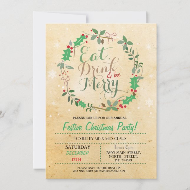 Christmas Dinner Party Eat Drink Merry Xmas Invite (Front)