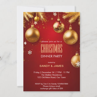 Christmas dinner party gold and red baubles invitation