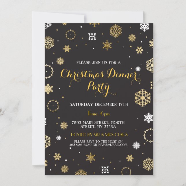 Christmas Dinner Party Gold Snow Flakes Invite (Front)