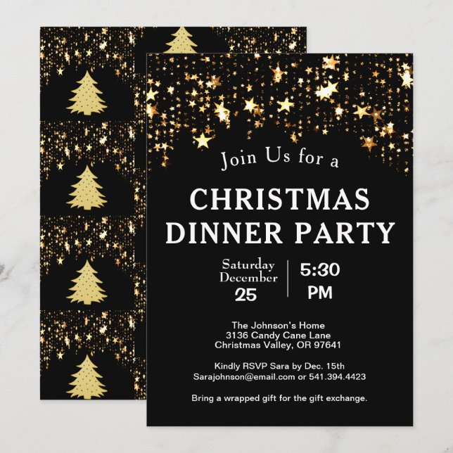 Christmas Dinner Party Gold Stars Trees Black Invitation (Front/Back)