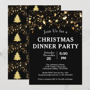 Christmas Dinner Party Gold Stars Trees Black Invitation