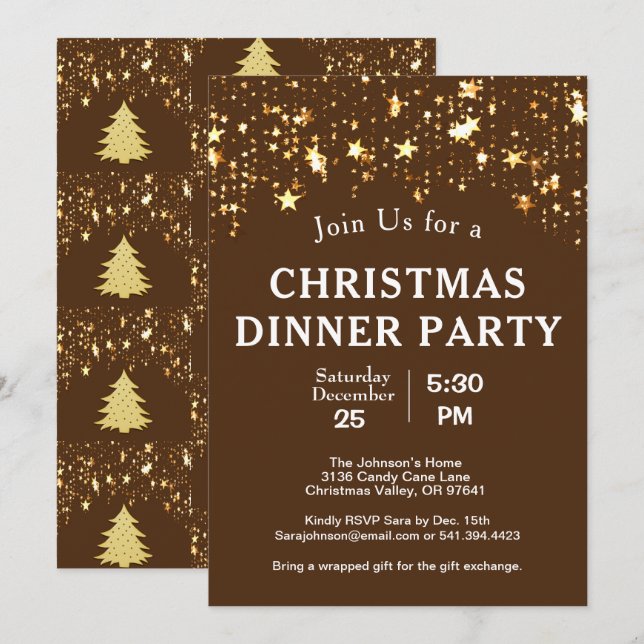 Christmas Dinner Party Gold Stars Trees Brown Invitation (Front/Back)