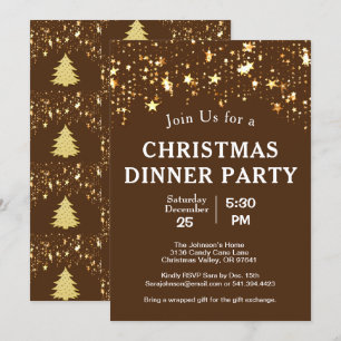 Christmas Dinner Party Gold Stars Trees Brown Invitation