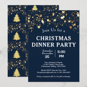 Christmas Dinner Party Gold Stars Trees Deep Blue Invitation