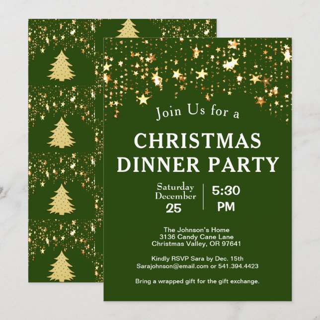 Christmas Dinner Party Gold Stars Trees Green Invitation (Front/Back)