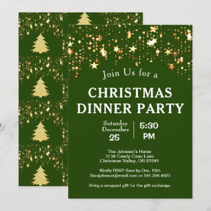 Christmas Dinner Party Gold Stars Trees Green Invitation