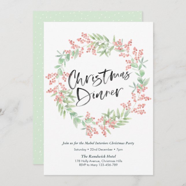 Christmas dinner party Invitation | holly wreath (Front/Back)