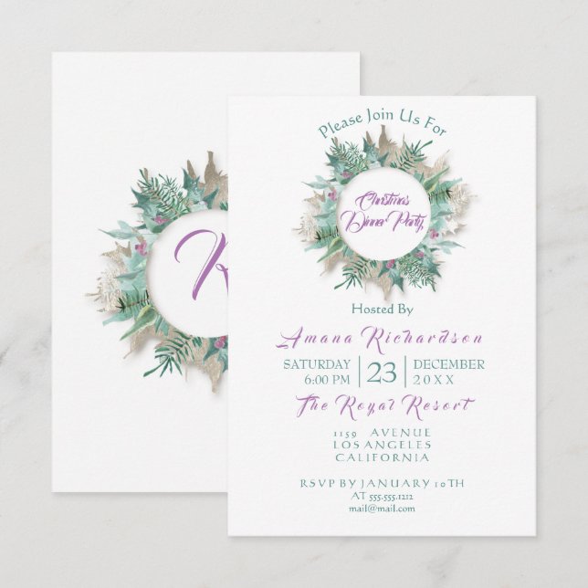 Christmas Dinner Party Invitation Purple Mint (Front/Back)
