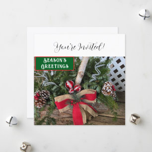 Christmas Dinner Party Red Bow Pine Cones Holiday Card