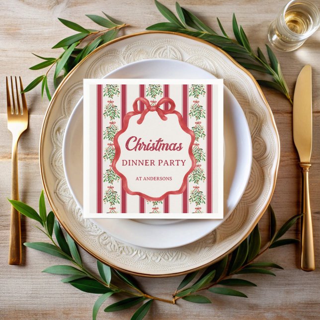 Christmas dinner party red retro stripes monogram napkin (Christmas dinner party red retro stripes monogrammed printed napkins personalized Christmas decor)