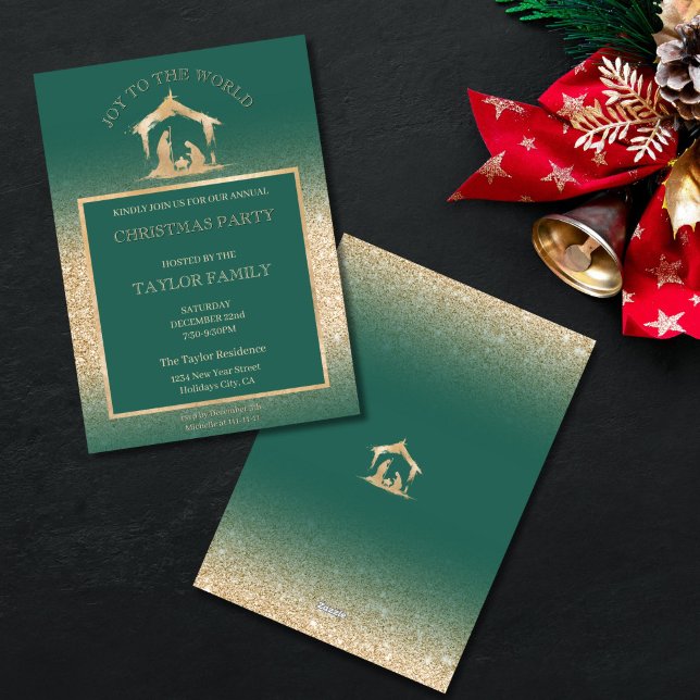 Christmas Dinner Party Religious Nativity Scene  Holiday Card (family christmas invitation WITH GOLD NATIVITY SCENE)