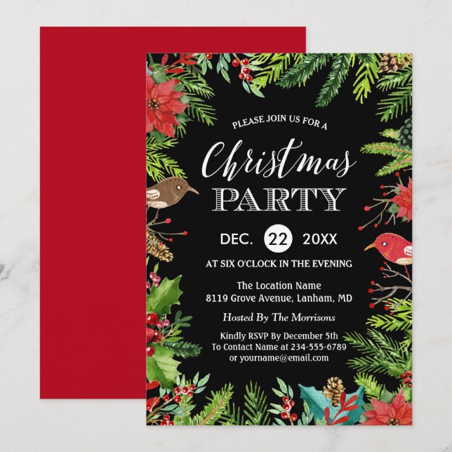Christmas Dinner Party | Rustic Berries and Pines Invitation (Front/Back)