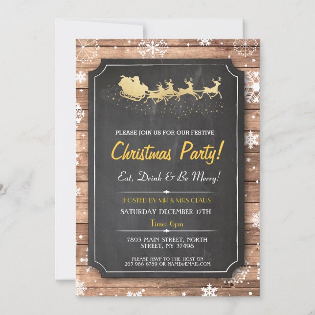 Christmas Dinner Party Santa Wood Snow Xmas Invite (Front)