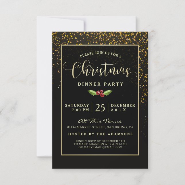 Christmas Dinner Party | Showers of Gold Confetti Invitation (Front)