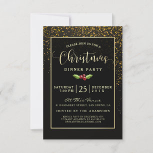 Christmas Dinner Party   Showers of Gold Confetti Invitation