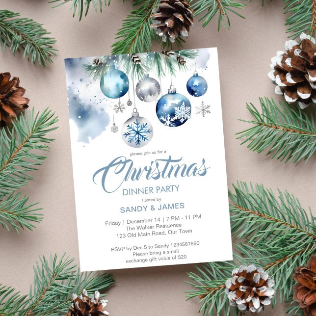 Christmas dinner party silver blue baubles invitation (Christmas dinner elegant silver blue baubles snowflakes dinner party invitation template digital)