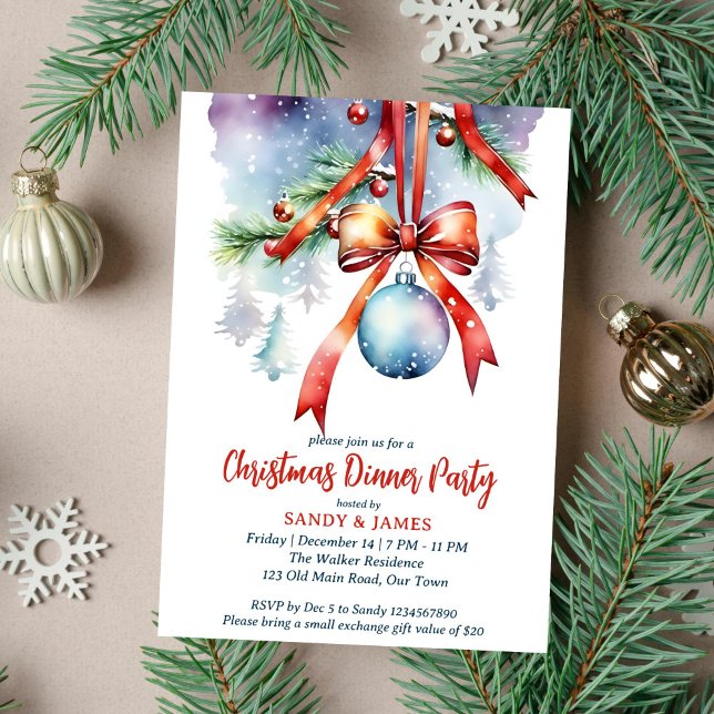 Christmas dinner party traditional watercolor invitation (Christmas dinner party template invitation instant download traditional watercolor pines red baubles)