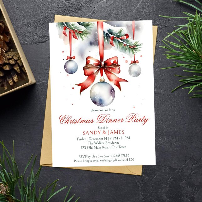 Christmas dinner party traditional watercolor invitation (Christmas dinner party template invitation instant download traditional red ribbon snowy pines)