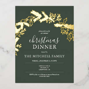 Christmas Dinner Pine Berry Leaves Green Foil Invitation Postcard