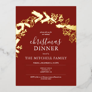 Christmas Dinner Pine Berry Leaves Red Foil Invitation Postcard