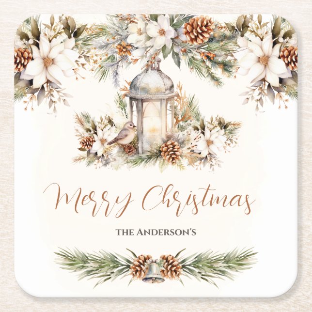 Christmas Dinner White and Cream Elegant Classic Square Paper Coaster (Front)