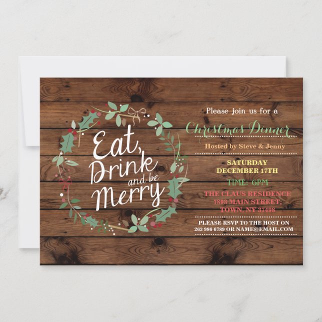 Christmas Dinner Wood Eat Drink & Be Merry Invite (Front)