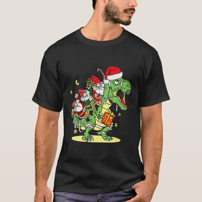 Christmas, Dino, Ugly Xmas, Trex Dinosaur, Gnome  T-Shirt (Front)