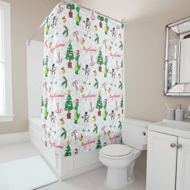 Christmas dinosaur and snowman shower curtain (In Situ)