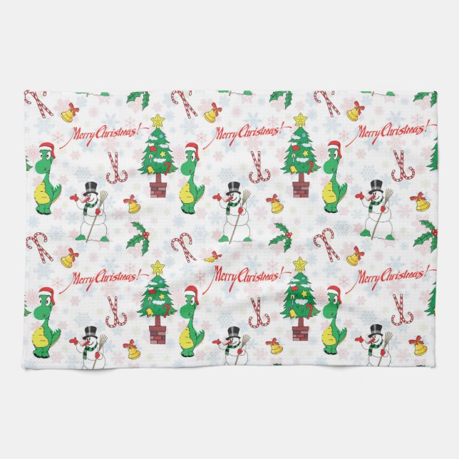 Christmas dinosaur and snowman tea towel (Horizontal)