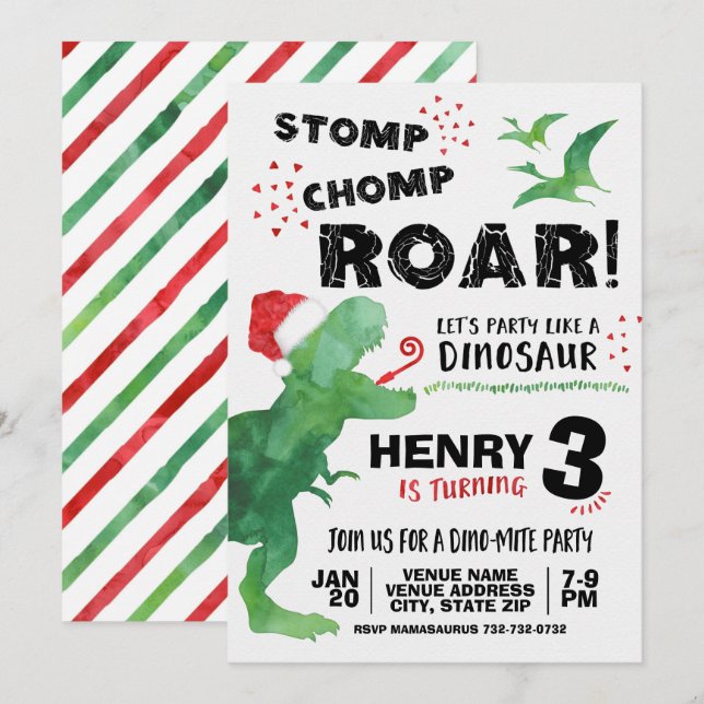 Christmas Dinosaur Birthday Invitation (Front/Back)