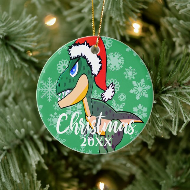 Christmas Dinosaur Cute Photo Green Kids Ceramic Tree Decoration (Tree)