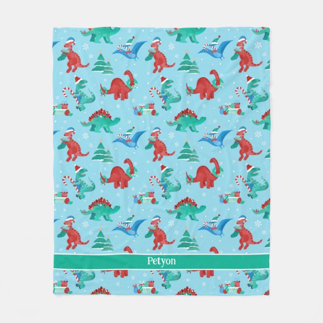 Christmas Dinosaur Kids Fun Holiday Personalised Fleece Blanket (Front)