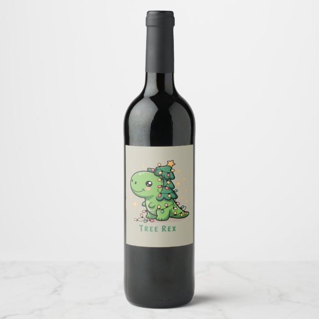 Christmas Dinosaur Light Party Funny Tree Rex  Wine Label (Front)