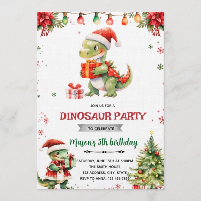 Christmas dinosaur party invitation (Front)