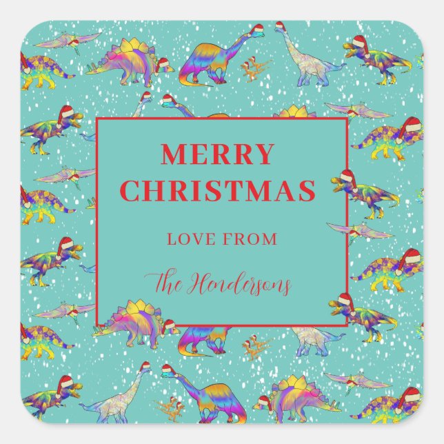 Christmas Dinosaur Pattern add Family Name Square Sticker (Front)